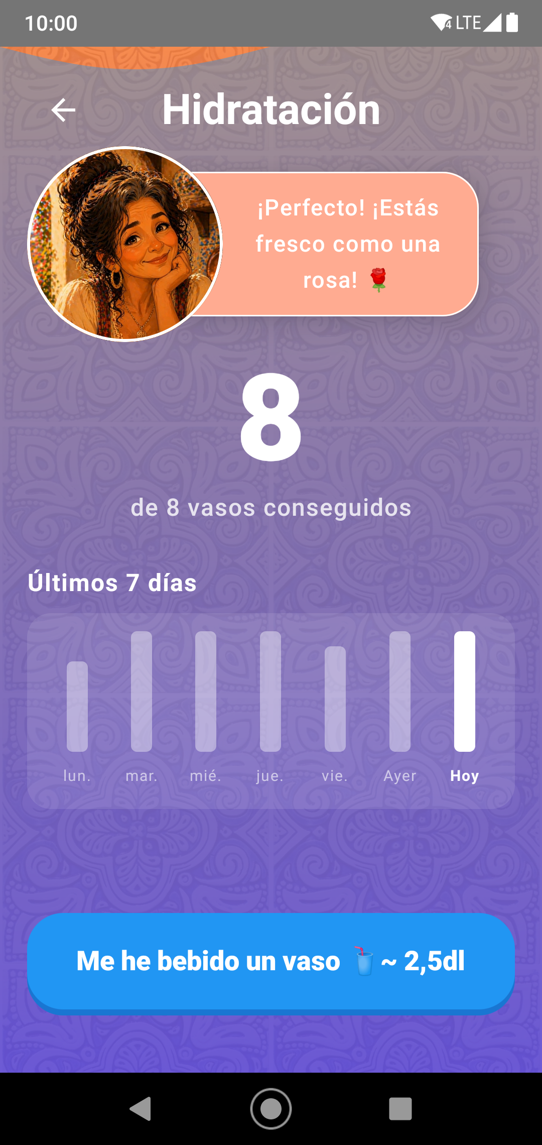 Vista previa del monitor de hidratación animado en la app MadreMia para Android