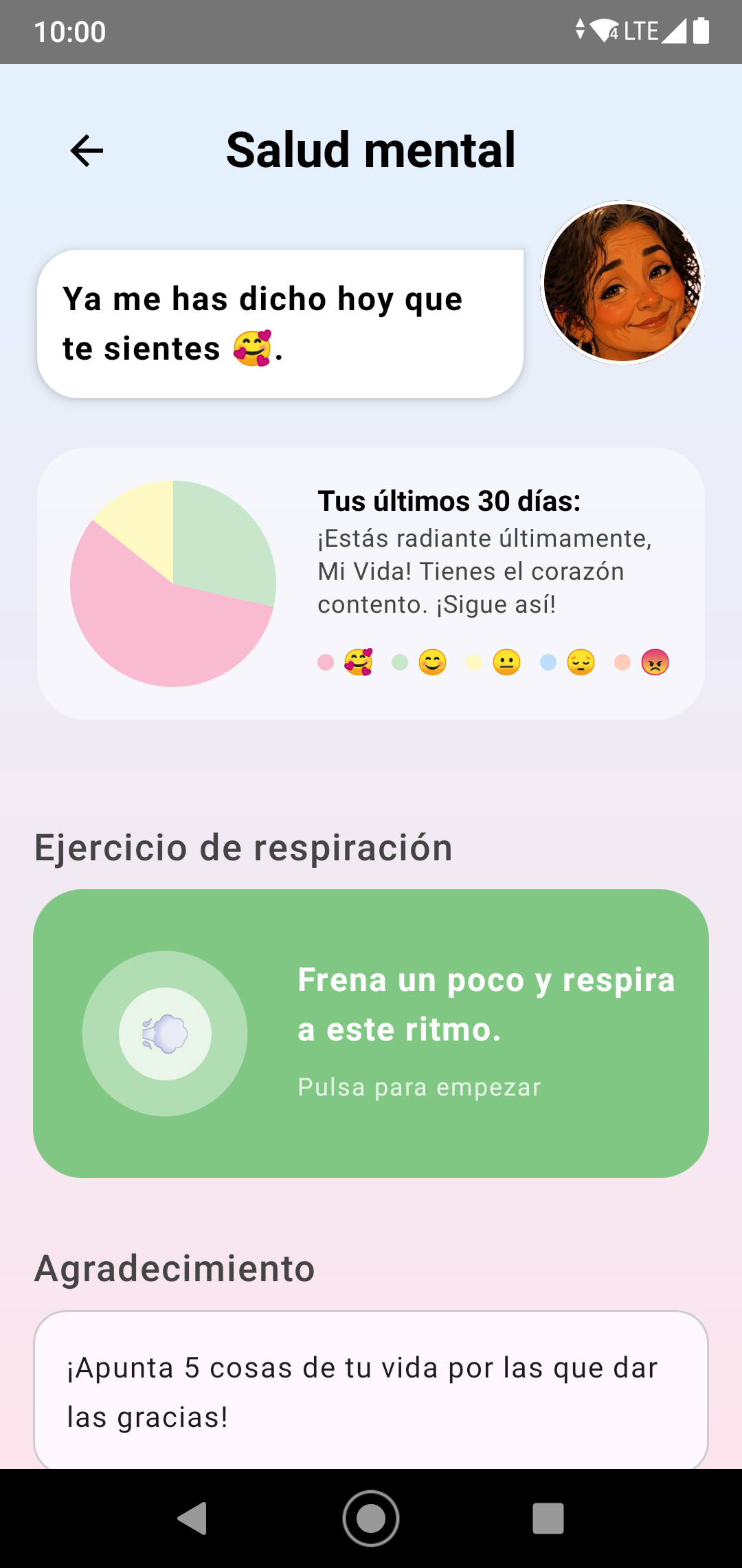 Vista previa de la pantalla del Santuario Mental en la app MadreMia para Android