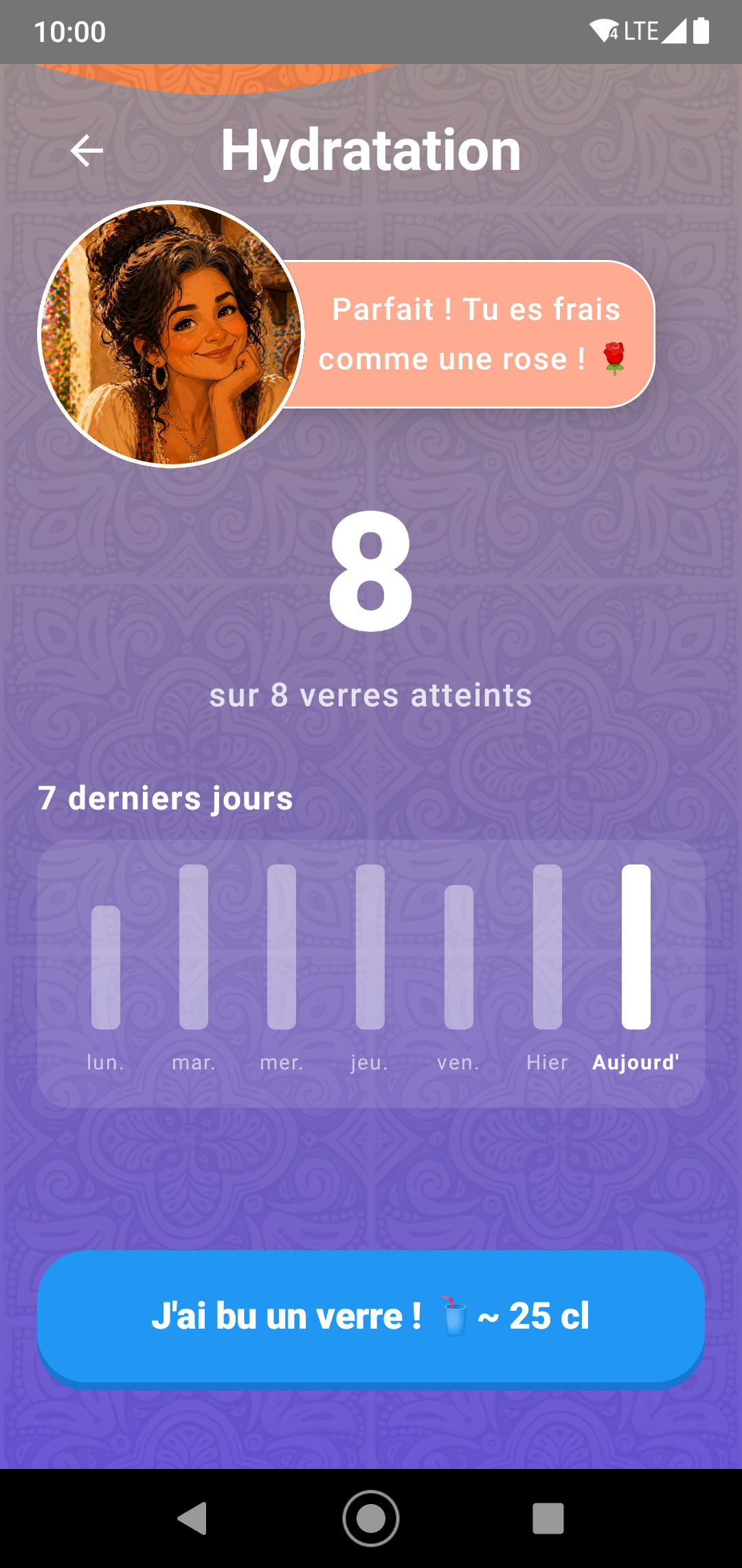 Aperçu de l'écran de suivi d'hydratation animé de MadreMia sur Android