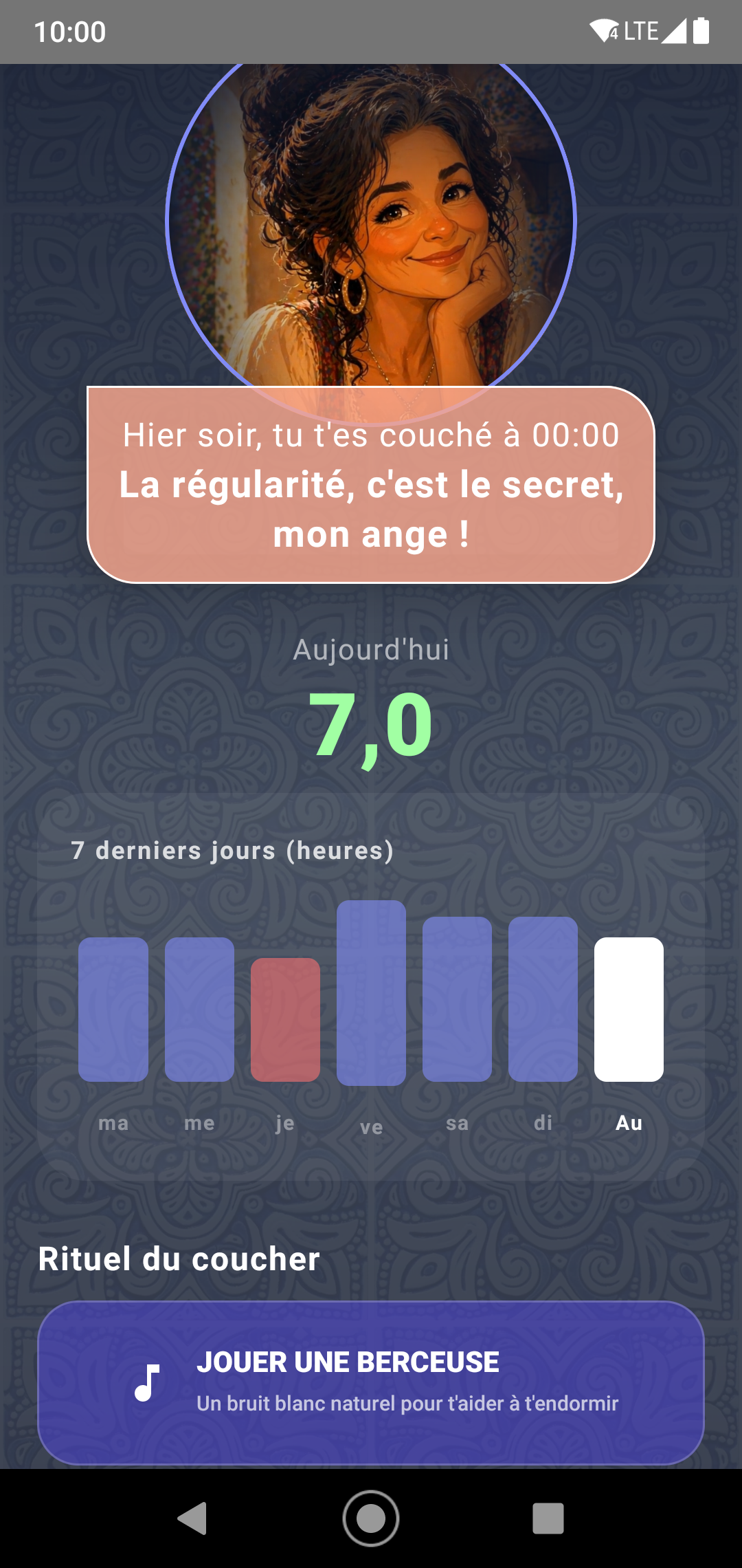 Aperçu de l'écran de suivi du sommeil de MadreMia sur Android