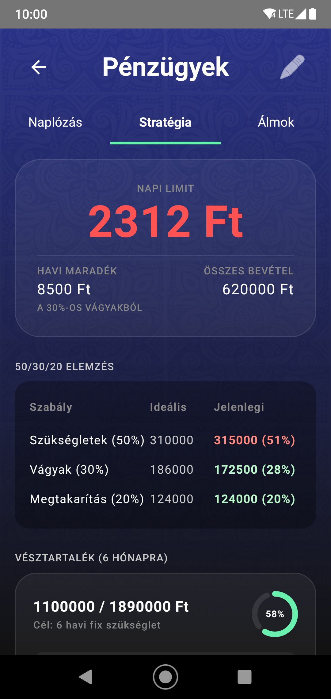 MadreMia Android app vizuális 50/30/20 pénzügyi mentor képernyő előnézet
