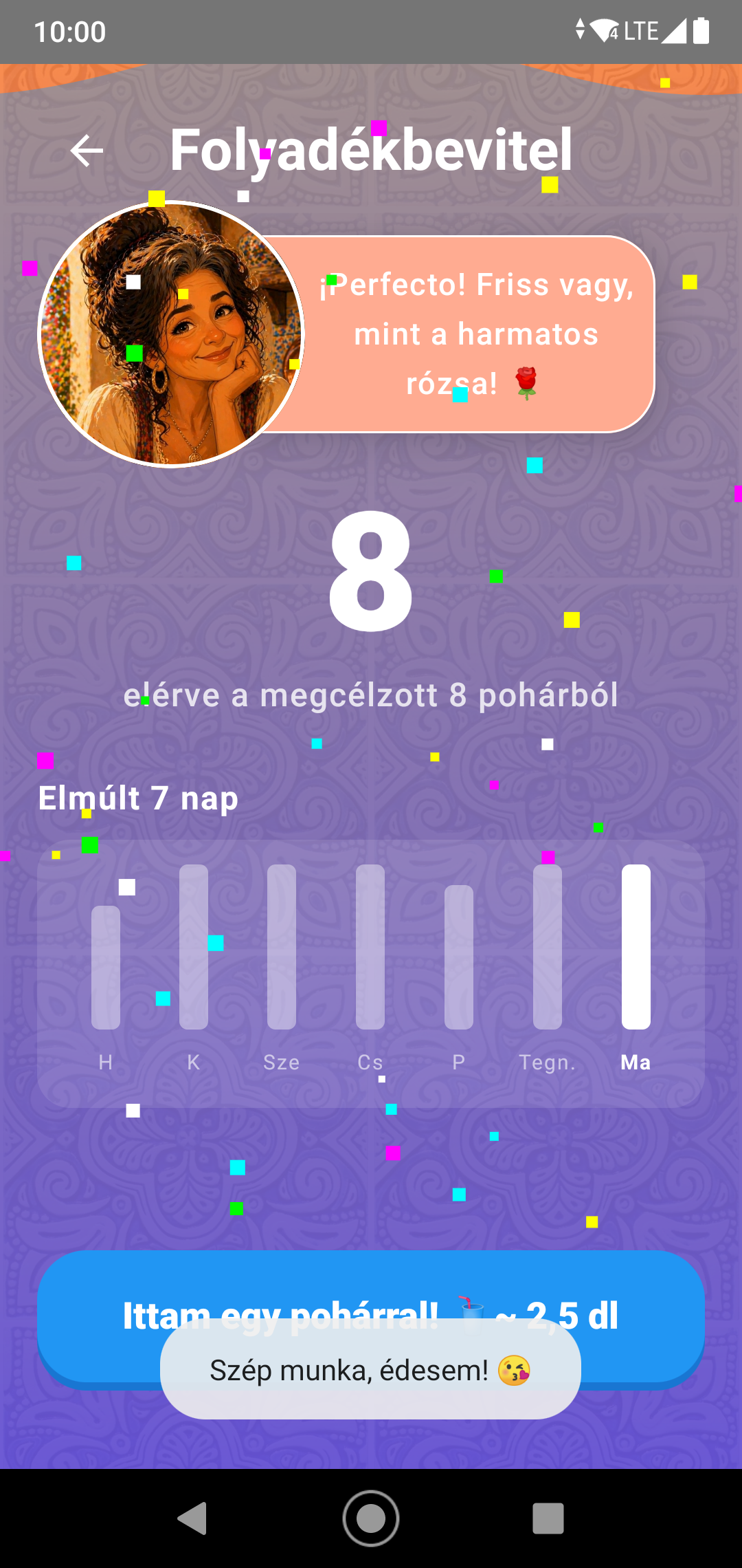 MadreMia Android app animált folyadékbevitel-követő képernyő előnézet